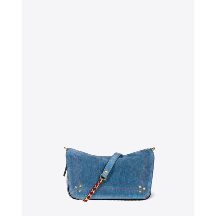 Sac bobi S Jérôme Dreyfuss en cuir suédé bleu jeans. Vue de face. Détail de la bandoulière chaine et cuir bordeaux.