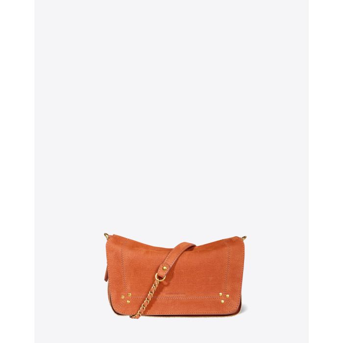 Mini-sac Bobi S Jérôme Dreyfuss en cuir suédé Opium. Détail de la patte en cuir sur la chaine. 