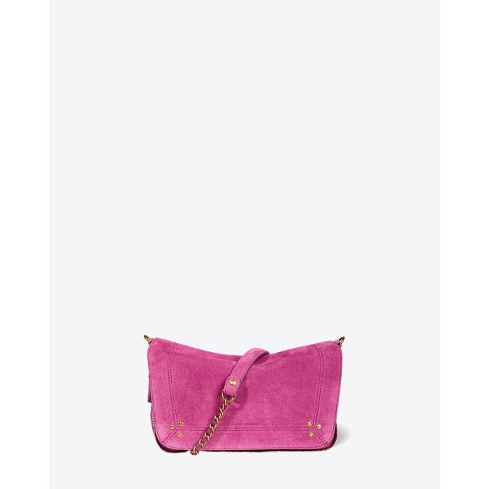 Mini-sac Bobi S en cuir suédé rose Orchidée Jérôme Dreyfuss. Face. Détail de la chaine.