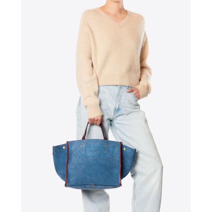 Sac cabas Léon M Jérôme Dreyfuss en cuir suédé effet jeans porté main.
