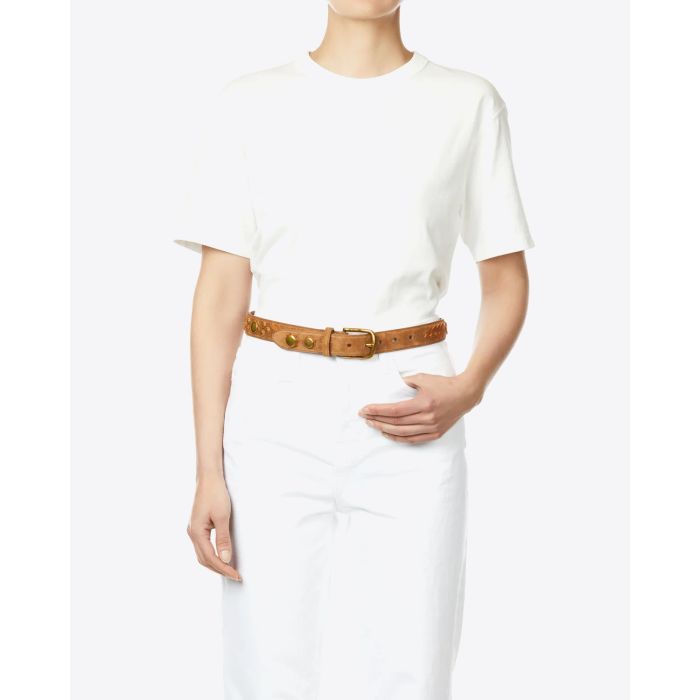 Ceinture Jérôme Dreyfuss Gaucho en cuir suédé tabac. Vu porté face. 