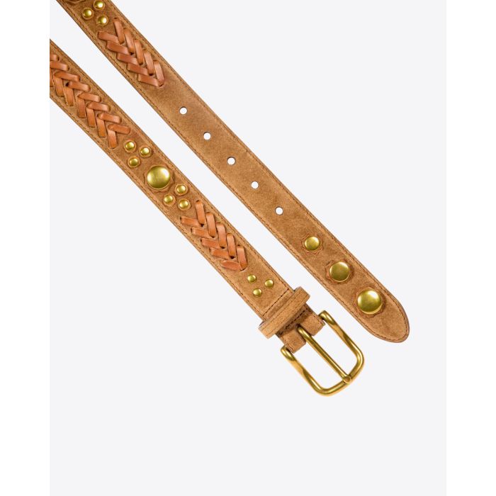 Ceinture Jérôme Dreyfuss Gaucho en cuir suédé tabac. Détails clous en métal doré. 