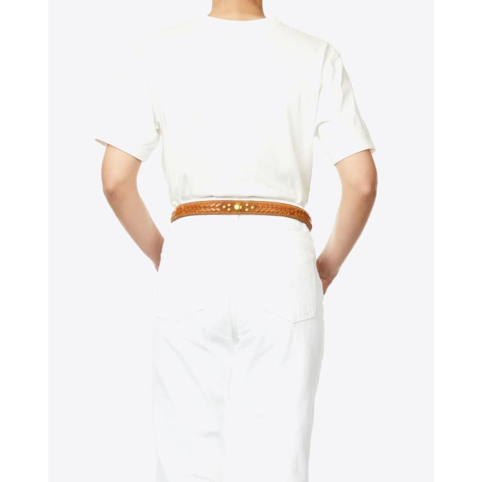Ceinture Jérôme Dreyfuss Gaucho en cuir suédé tabac. Vu porté dos. 