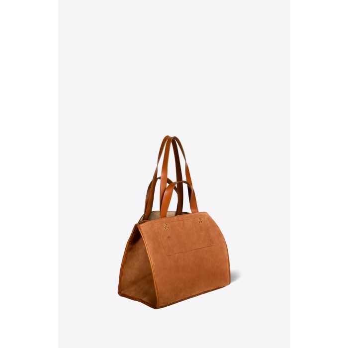 Sac Léon M Jérôme Dreyfuss en cuir suédé caramel. Profil.