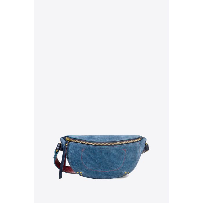 Sac banane Lino Jérôme Dreyfuss en cuir suédé et cuir grainé bleu jean. Face.