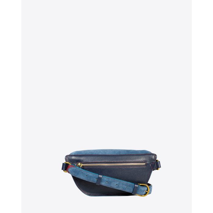 Sac banane Lino Jérôme Dreyfuss en cuir suédé et cuir grainé bleu jean. Détail de l'arrière avec poche zippée. 