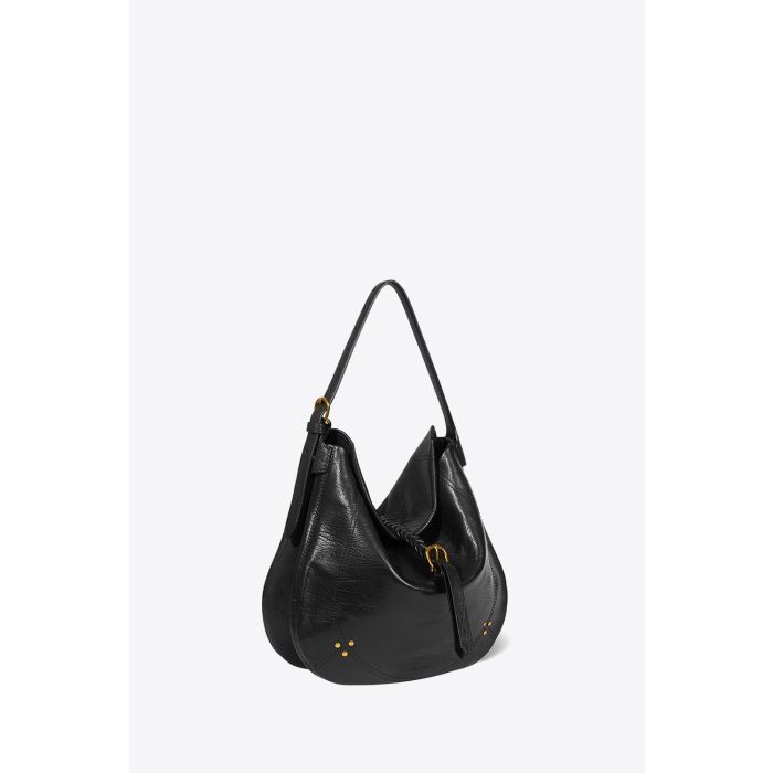 Sac besace en cuir grainé noir Luis Jérôme Dreyfuss. Profil. Porté main ou épaule.