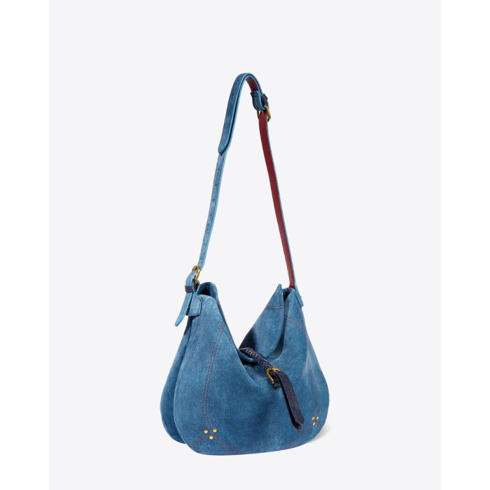 Sac Luis Jérôme Dreyfuss en cuir effet jean. Vue de profil avec la bandoulière longue.