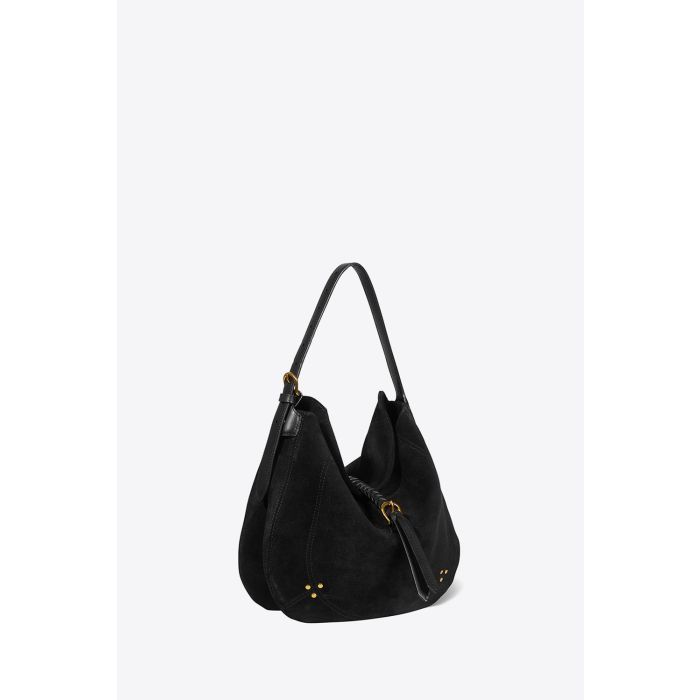 Sac besace en cuir suédé noir Luis Jérôme Dreyfuss. Profil. Vue porté main ou épaule.