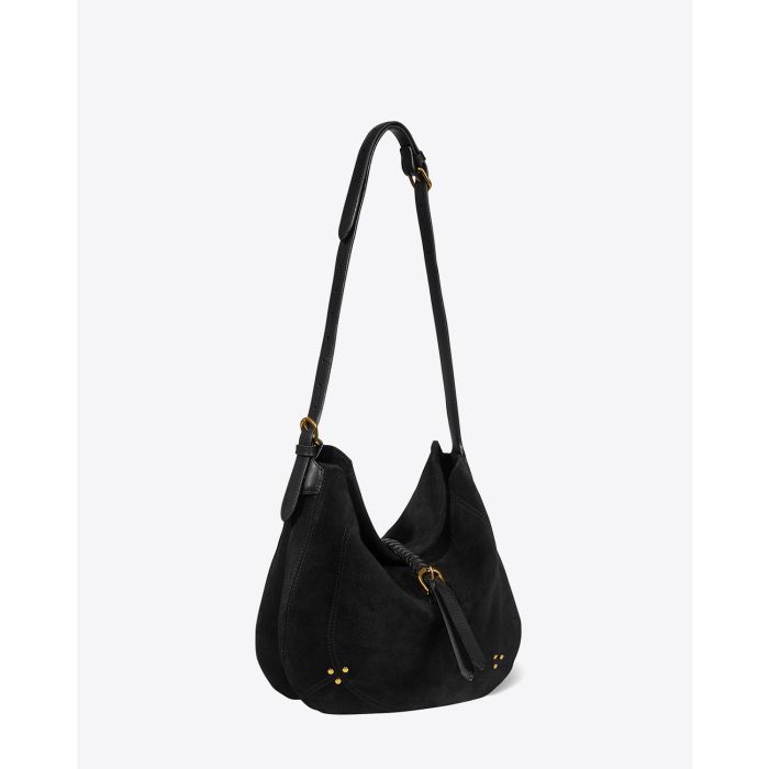 Sac besace en cuir suédé noir Luis Jérôme Dreyfuss. Profil porté épaule. Possibilité de rallonger la bandoulière pour un porté épaule ou Crossbody. 