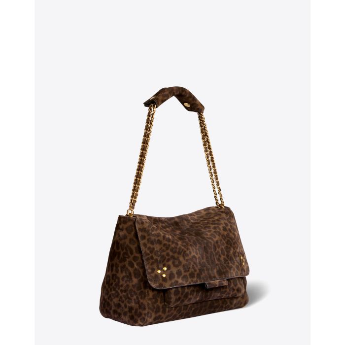 Sac en cuir imprimé léopard kaki Lulu L Jérôme Dreyfuss. Bandoulière double pour un porté main ou épaule.