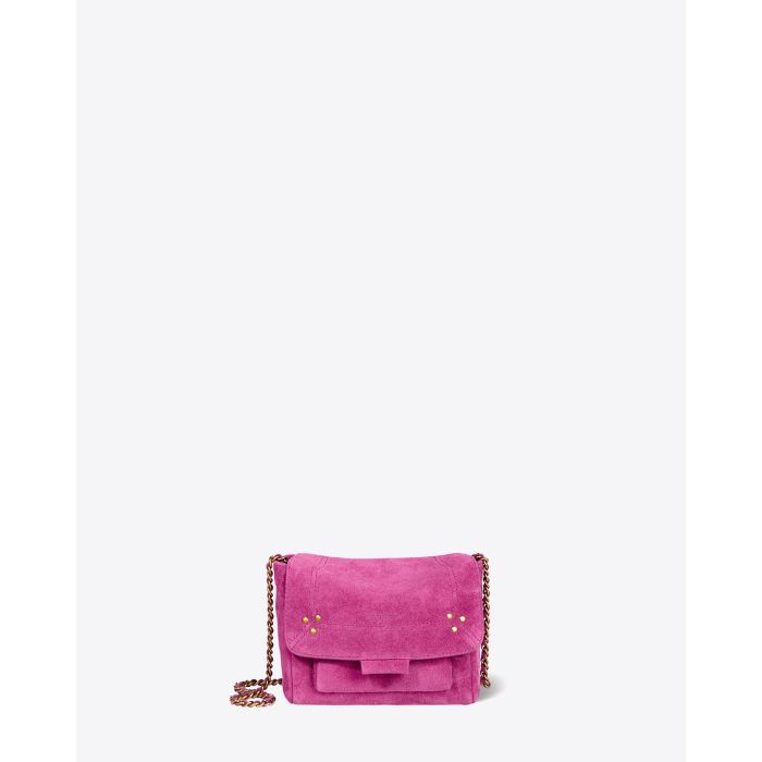 Mini-sac Lulu S Jérôme Dreyfuss en cuir suédé rose orchidée. Face. Détail du rabat.