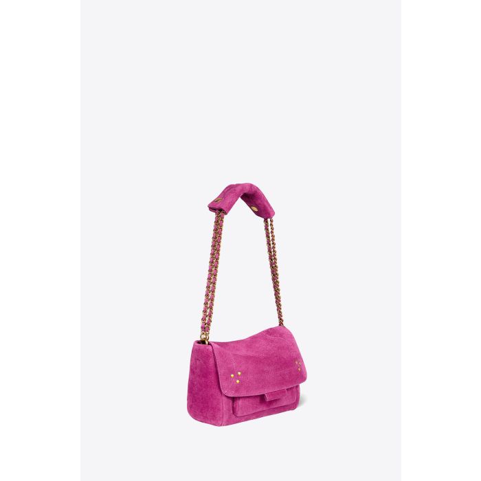 Mini-sac Lulu S Jérôme Dreyfuss en cuir suédé rose orchidée. Vue avec la chaine raccourcie pour un porté épaule ou main.