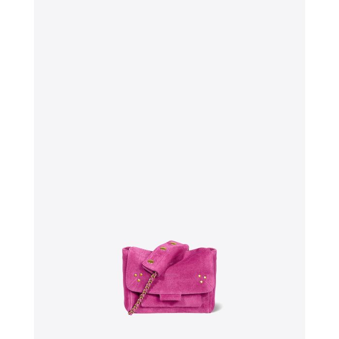 Mini-sac Lulu S Jérôme Dreyfuss en cuir suédé rose orchidée. Face. Détail de la patte sur la chaine afin de raccourcir le sac.
