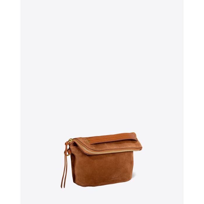 Pochette Lucky Jérôme Dreyfuss en cuir suédé caramel. Vue profil.
