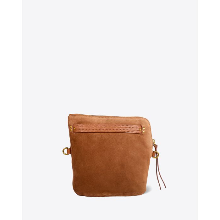 Pochette Lucky Jérôme Dreyfuss en cuir suédé caramel. Vue face. 
