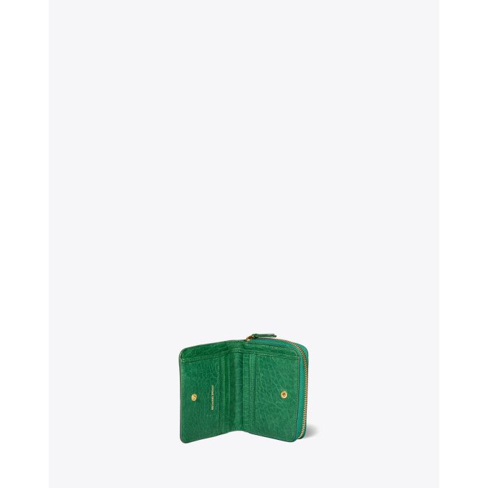 Portefeuille Andre Jérôme Dreyfuss en cuir vert. Vue ouvert.
