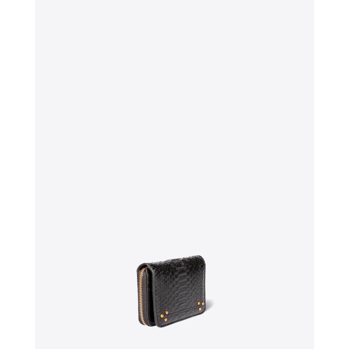 Portefeuille André Jérôme Dreyfuss en cuir python noir. Vue trois quart. 