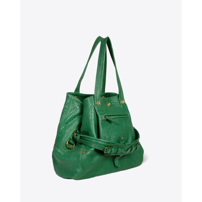 Sac moyen format Billy M Jérôme Dreyfuss en cuir vert. Vue profil.