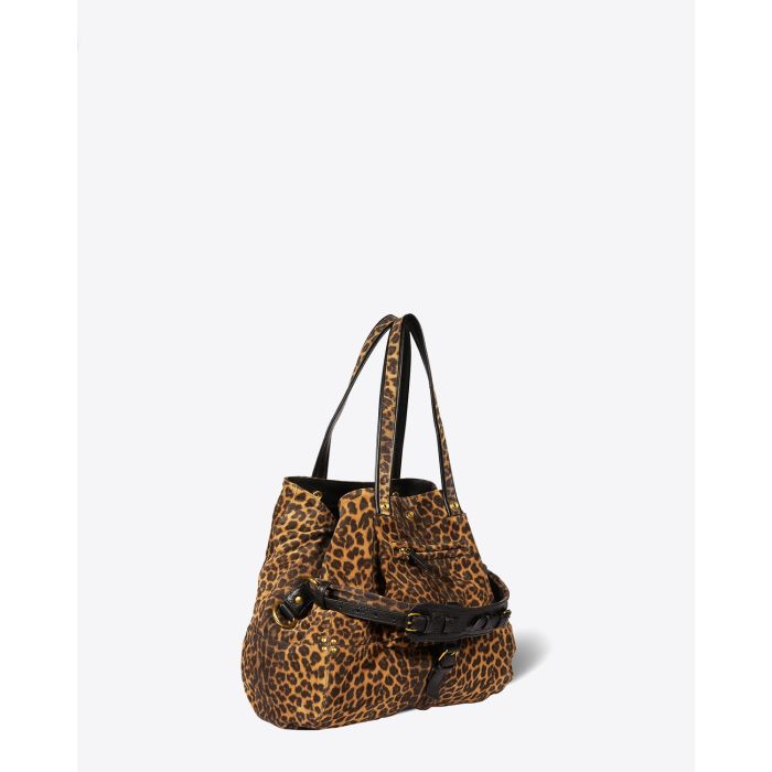 Sac Billy M Jérôme Dreyfuss en cuir imprimé léopard. Vue profil.