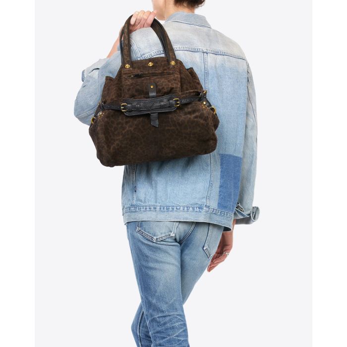 Jérôme Dreyfuss Sac Billy M – Cuir Suédé Léopard Kaki