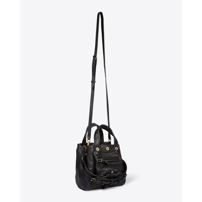 Petit sac Billy Nano Jérôme Dreyfuss en cuir noir bubble. Vue profil avec bandoulière.