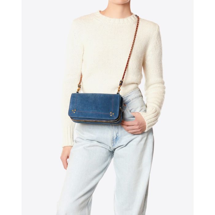 Sac Bobi Jérôme Dreyfuss en cuir suédé jeans porté croisé. 
