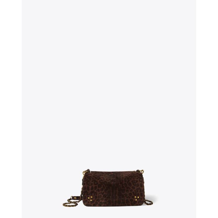 Sac bandoulière chaine en cuir imprimé léopard naturel Bobi Jérôme Dreyfuss. Vue face.