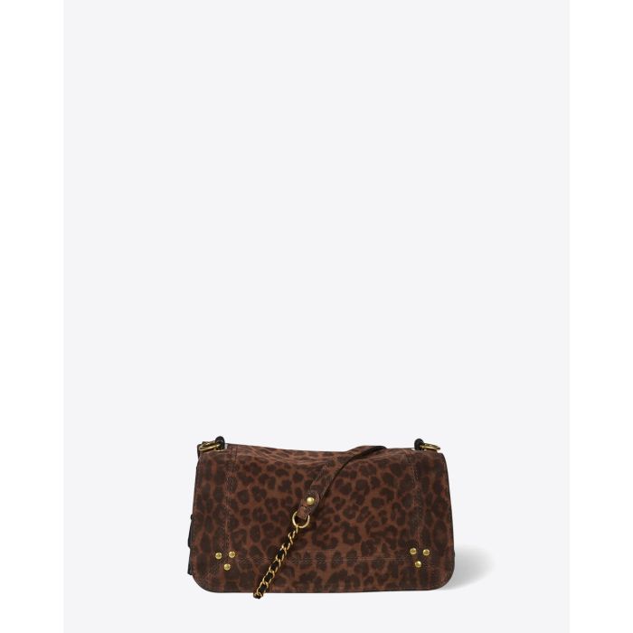 Sac bandoulière chaine en cuir imprimé léopard naturel Bobi Jérôme Dreyfuss. Vue face.