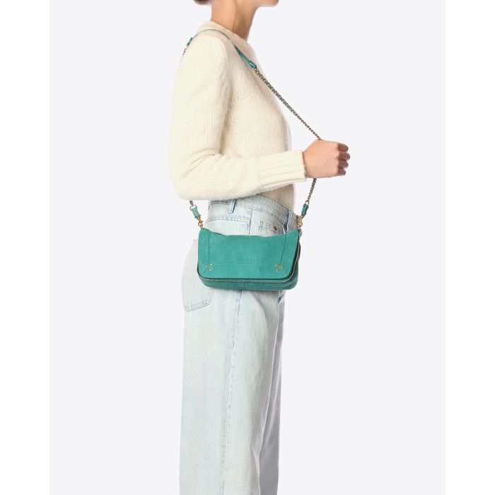 Petit sac Bobi S Jérôme Dreyfuss en cuir croco vert. Porté à l'épaule 