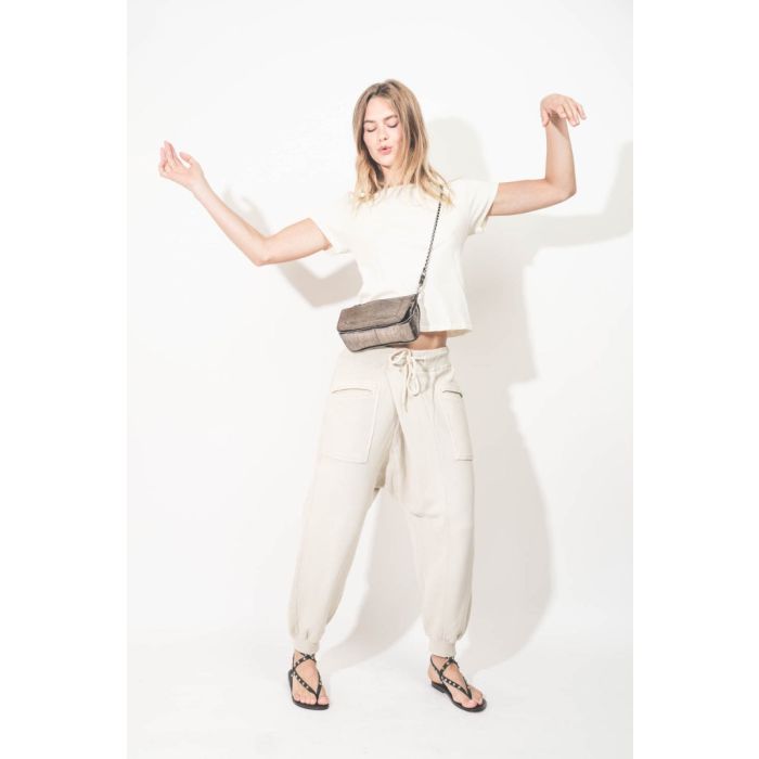 Mini-sac Bobi S Jérôme Dreyfuss en cuir lamé champagne. Porté sans les mains ! 