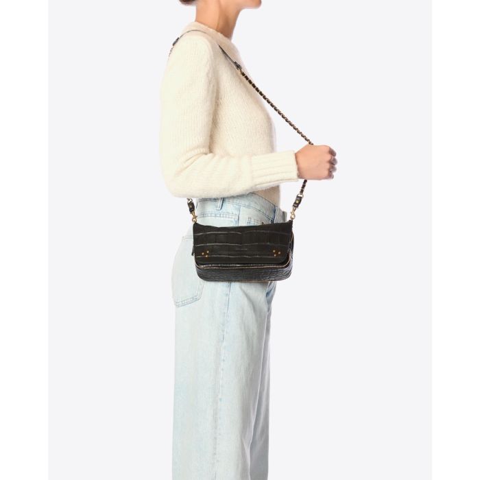 Sac Bobi S Jérôme Dreyfuss en cuir de vachette imprimé croco noir porté à l'épaule.