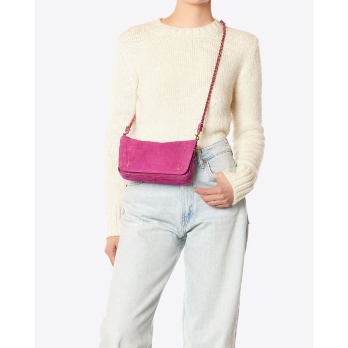 Sac Bobi S en cuir suédé rose Orchidée Jérôme Dreyfuss porté crossbody.