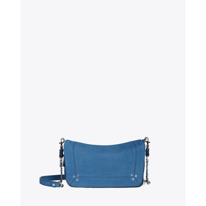 Petit sac Bobi S Jérôme Dreyfuss en cuir suédé bleu. Vue face. 