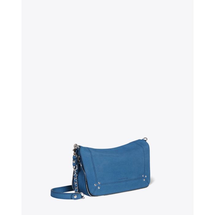 Petit sac Bobi S Jérôme Dreyfuss en cuir suédé bleu. Vue profil.