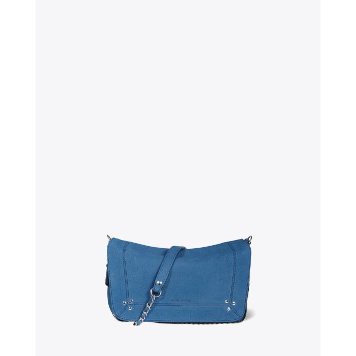 Petit sac Bobi S Jérôme Dreyfuss en cuir suédé bleu. Vue face. 