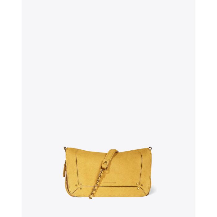 Petit sac Bobi S Jérôme Dreyfuss en cuir suédé nubuck jaune. Vue face.