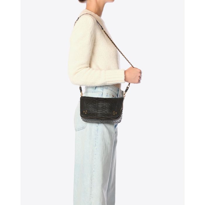 Sac Bobi S Jérôme Dreyfuss en python noir porté à l'épaule.