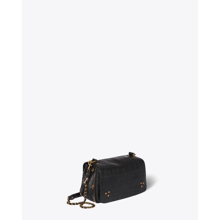 Sac bandoulière chaine Bobi vachette croco noir Jérôme Dreyfuss. Profil.