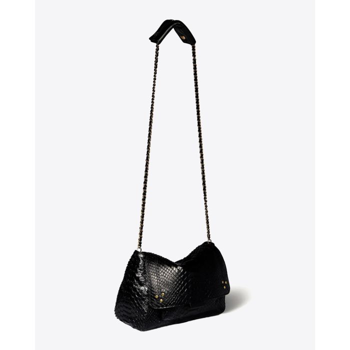 Sac Lulu M Jérôme Dreyfuss en cuir python noir. Vue profil. 