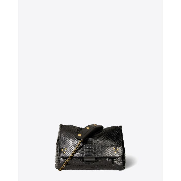 Sac Lulu M Jérôme Dreyfuss en cuir python noir. Vue face.
