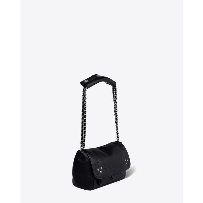 Sac bandoulière chaine cuir de veau noir silver Jérôme Dreyfuss. Vue profil. 