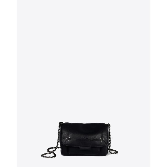 Sac bandoulière chaine cuir de veau noir silver Jérôme Dreyfuss. Vue face.