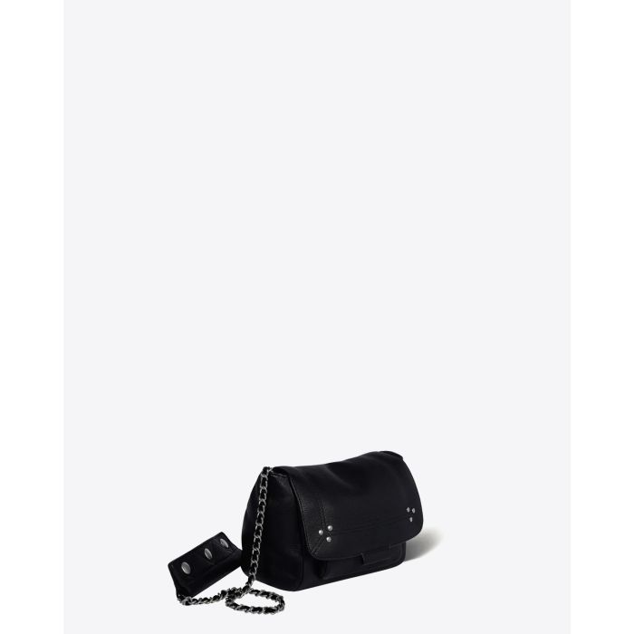 Sac bandoulière chaine cuir de veau noir silver Jérôme Dreyfuss. Vue profil.
