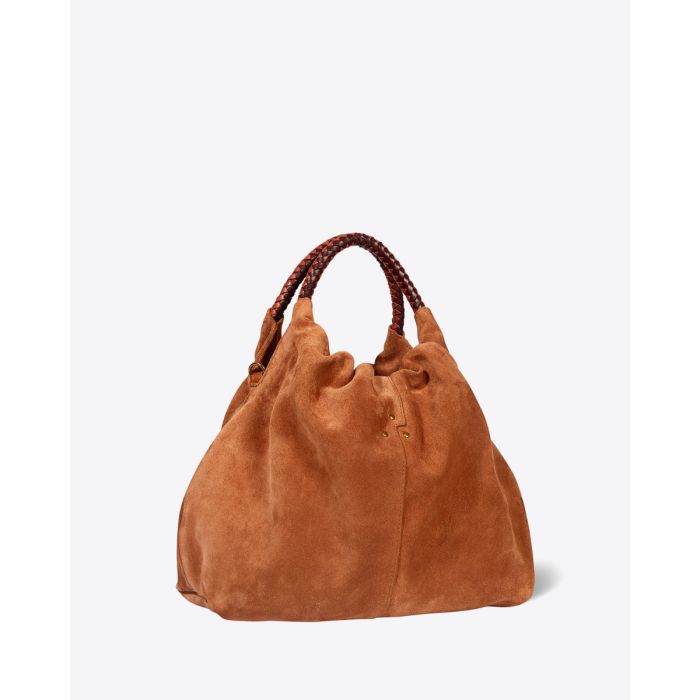 Sac Gordi M Jérôme Dreyfuss en cuir suédé caramel. Anses rondes en cuir tressé et bandoulière longue amovible. Porté main, épaule ou croisé. Profil.