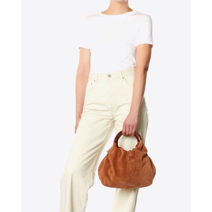 Sac Gordi M Jérôme Dreyfuss en cuir suédé caramel porté main.