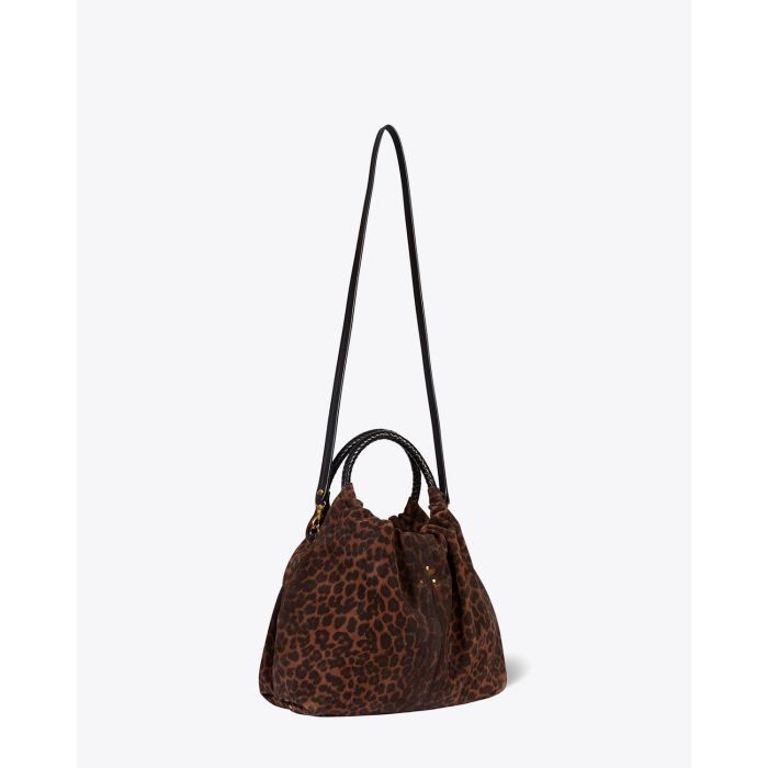 Sac Gordi M Jérôme Dreyfuss en cuir suédé léopard. Profil. Détail de la bandoulière amovible. 