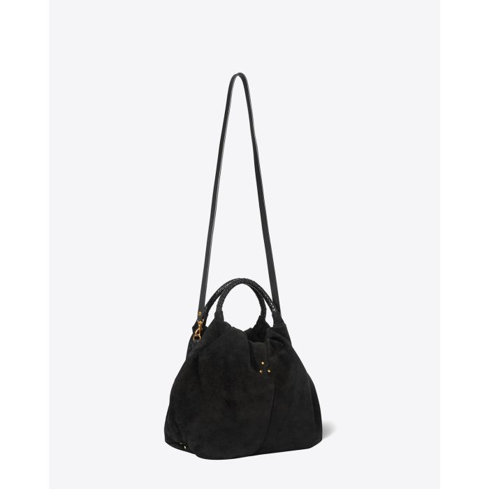 Sac Gordi M Jérôme Dreyfuss en cuir suédé noir forme bourse. Bandoulière longue amovible.