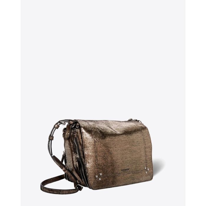Sac rectangulaire Igor Jérôme Dreyfuss en cuir lamé champagne. Vue profil.