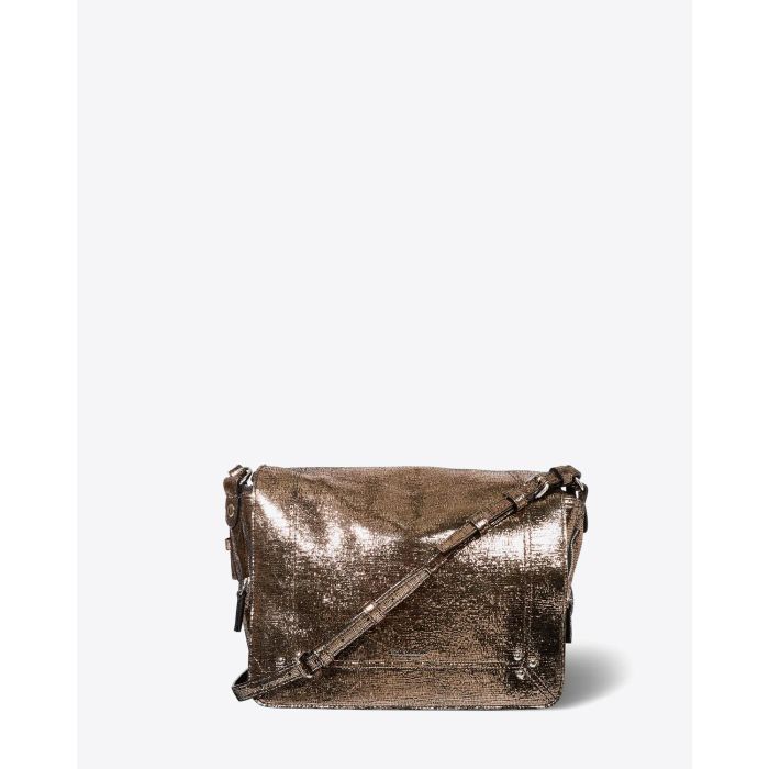 Sac rectangulaire Igor Jérôme Dreyfuss en cuir lamé champagne. Vue face. 